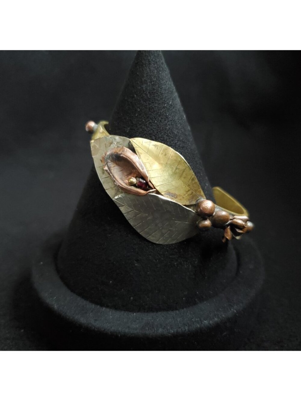 Vintage Cuff Bracelet Artisan Leaf Brass Copper Silver 6.5"